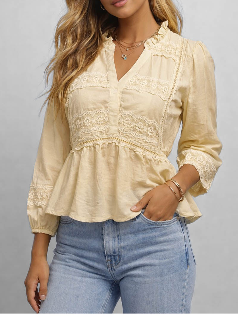 Lace Embroidery Panel Ruffle V Neck Long Sleeve Blouse