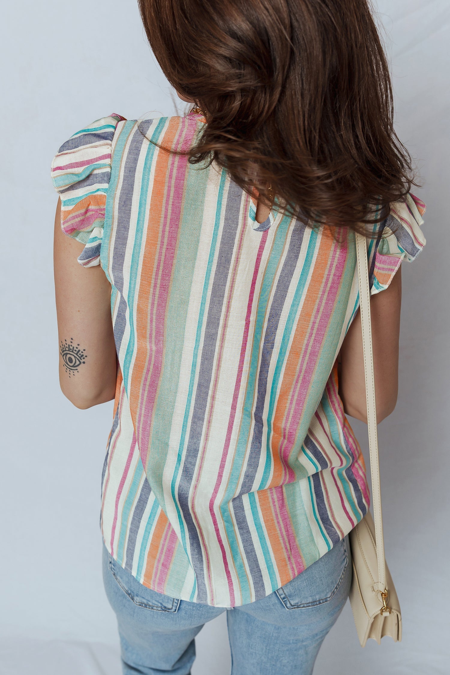 Light Blue Lace Hollow-Out Insert Flutter Sleeve Striped Blouse