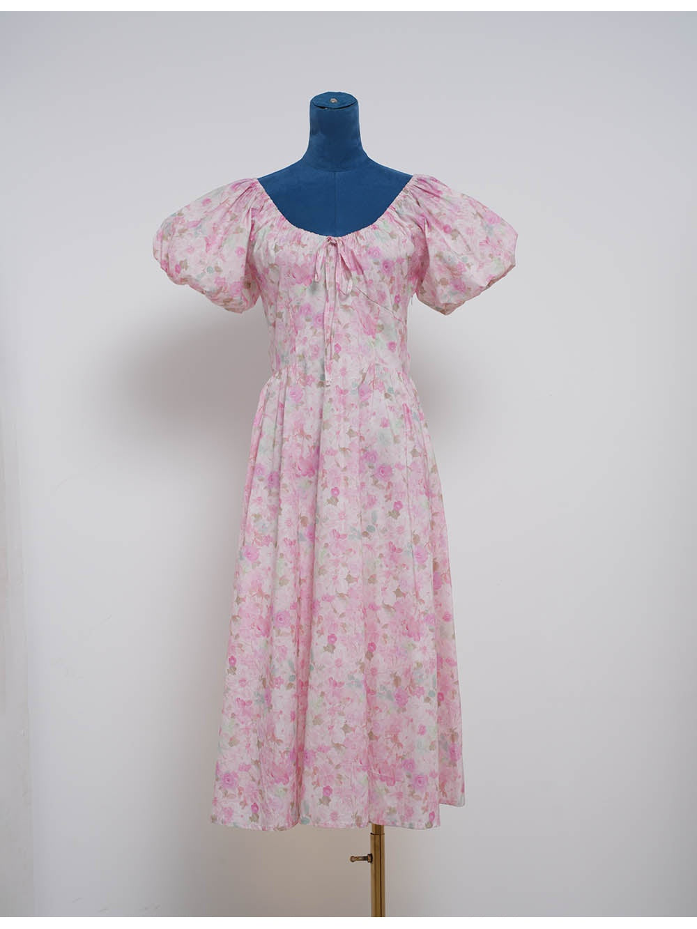 Romantic Puff Sleeves Drawstring Midi Dress