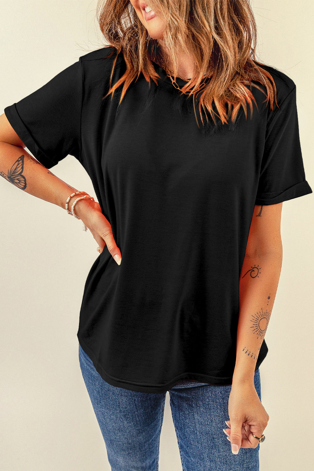 Black Casual Plain Crew Neck