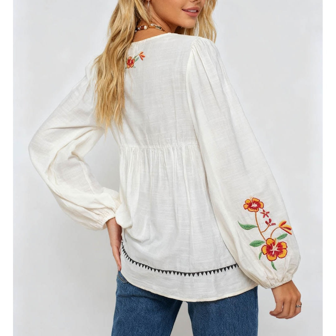 Boho Embroidery Front Babydoll Blouse