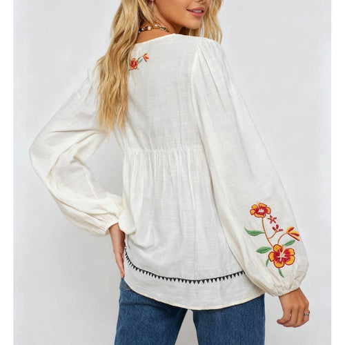 Boho Embroidery Front Babydoll Blouse