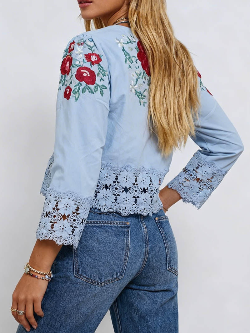 Boho Embroidery Lace Hem Blouse