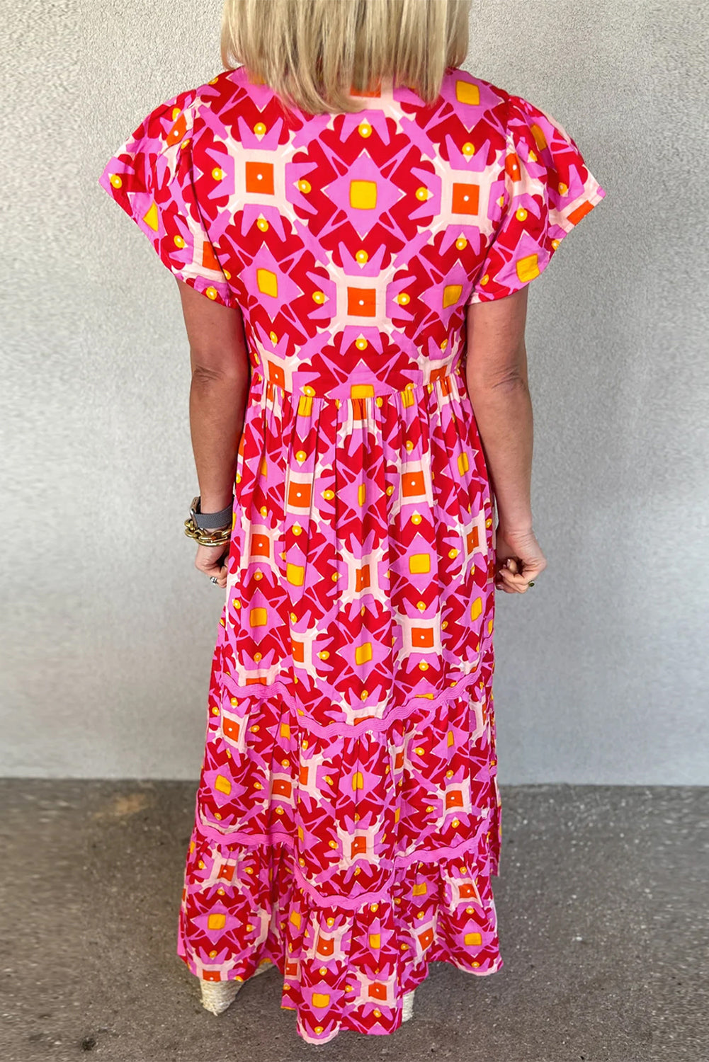 Strawberry Geo Print V-neck Maxi Dress