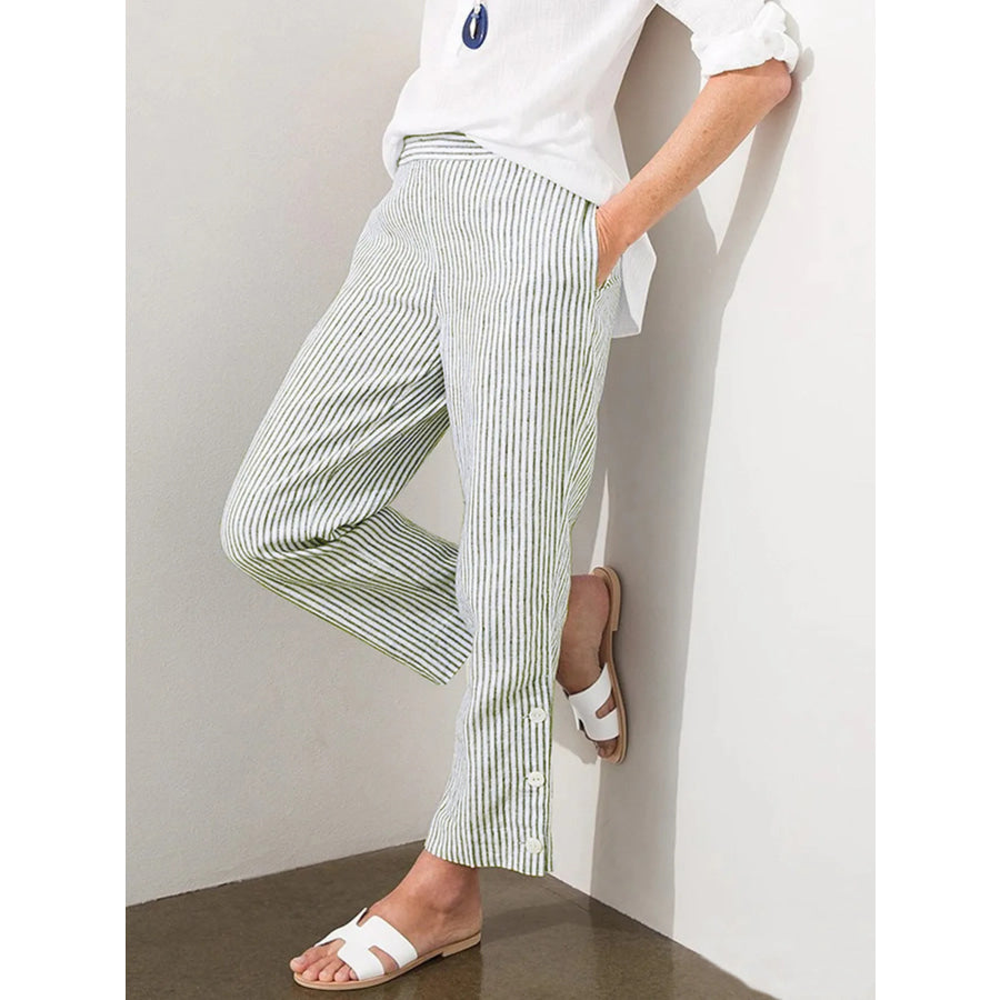 Full Size Striped Side Button Detail Pants Plus Size