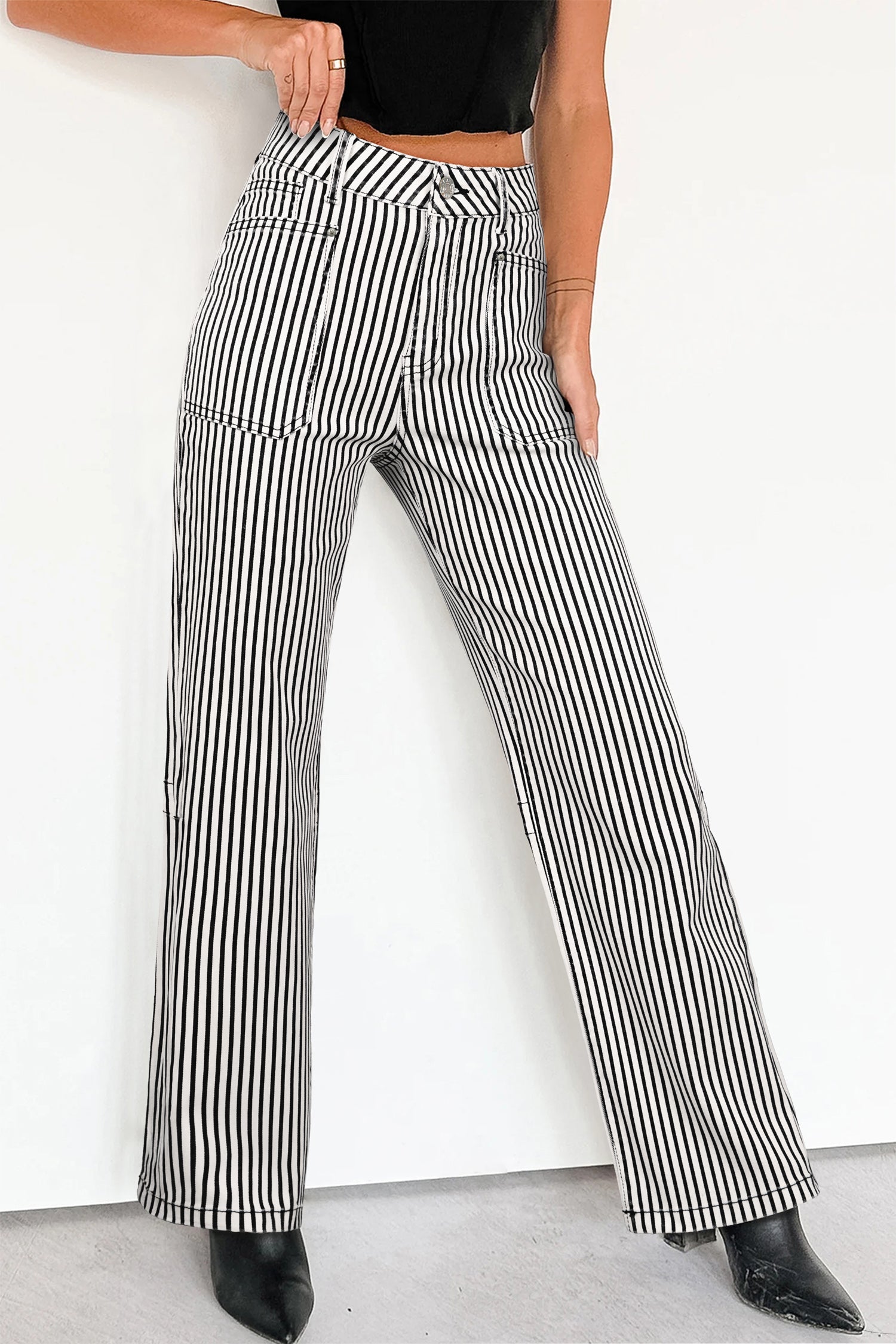 High Waist Patch Pocket Stripe Shift Jeans