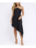 Satin Lace Trim Halter Neck Irregular Hem Maxi Dress