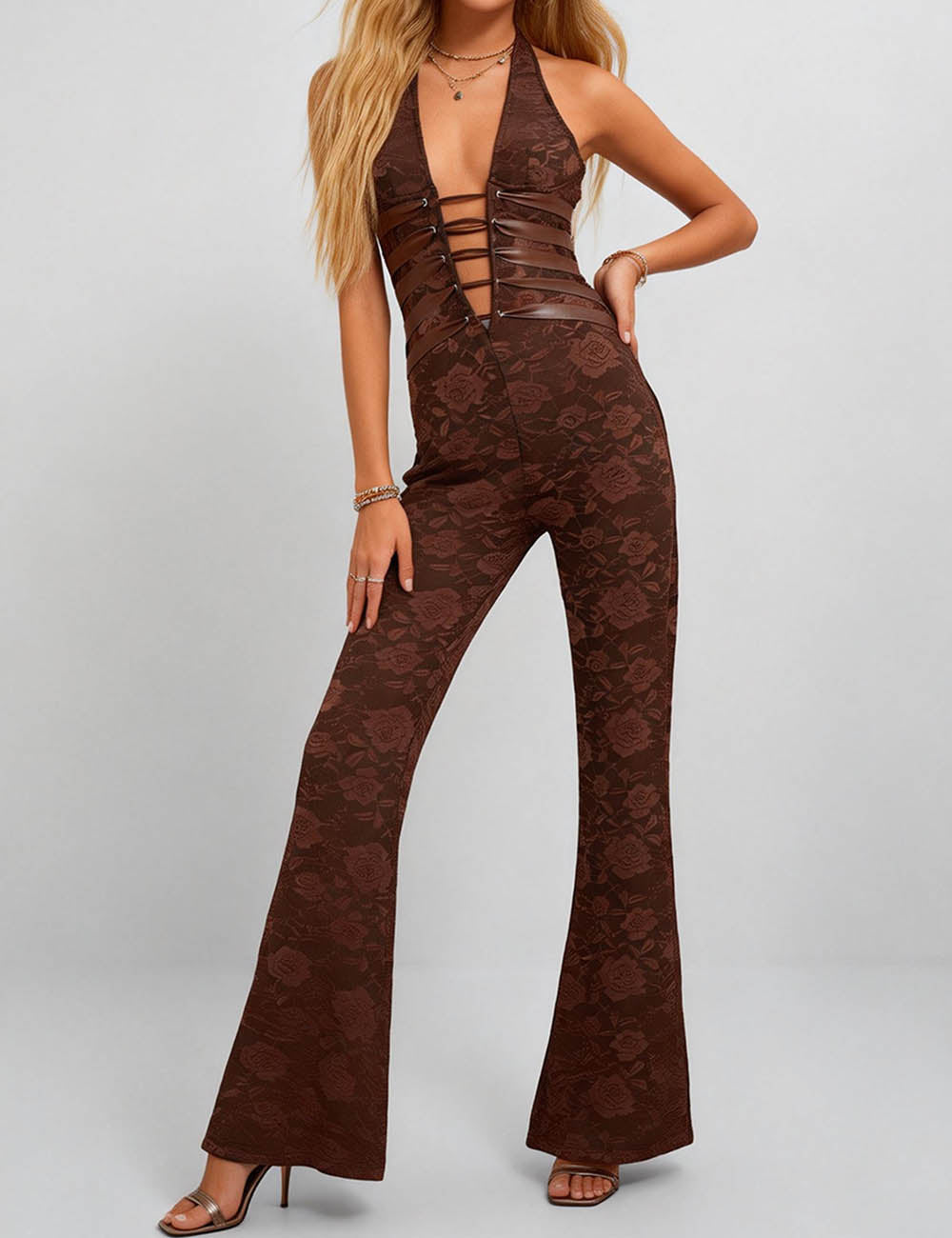 Lace Deep V Halter Neck Cross Back Lace Up Jumpsuit