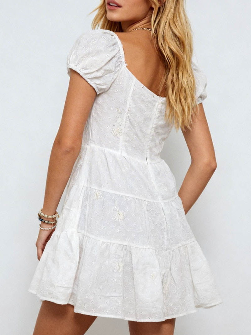 Romantic Eyelet Waist Puff Sleeves Mini Dress