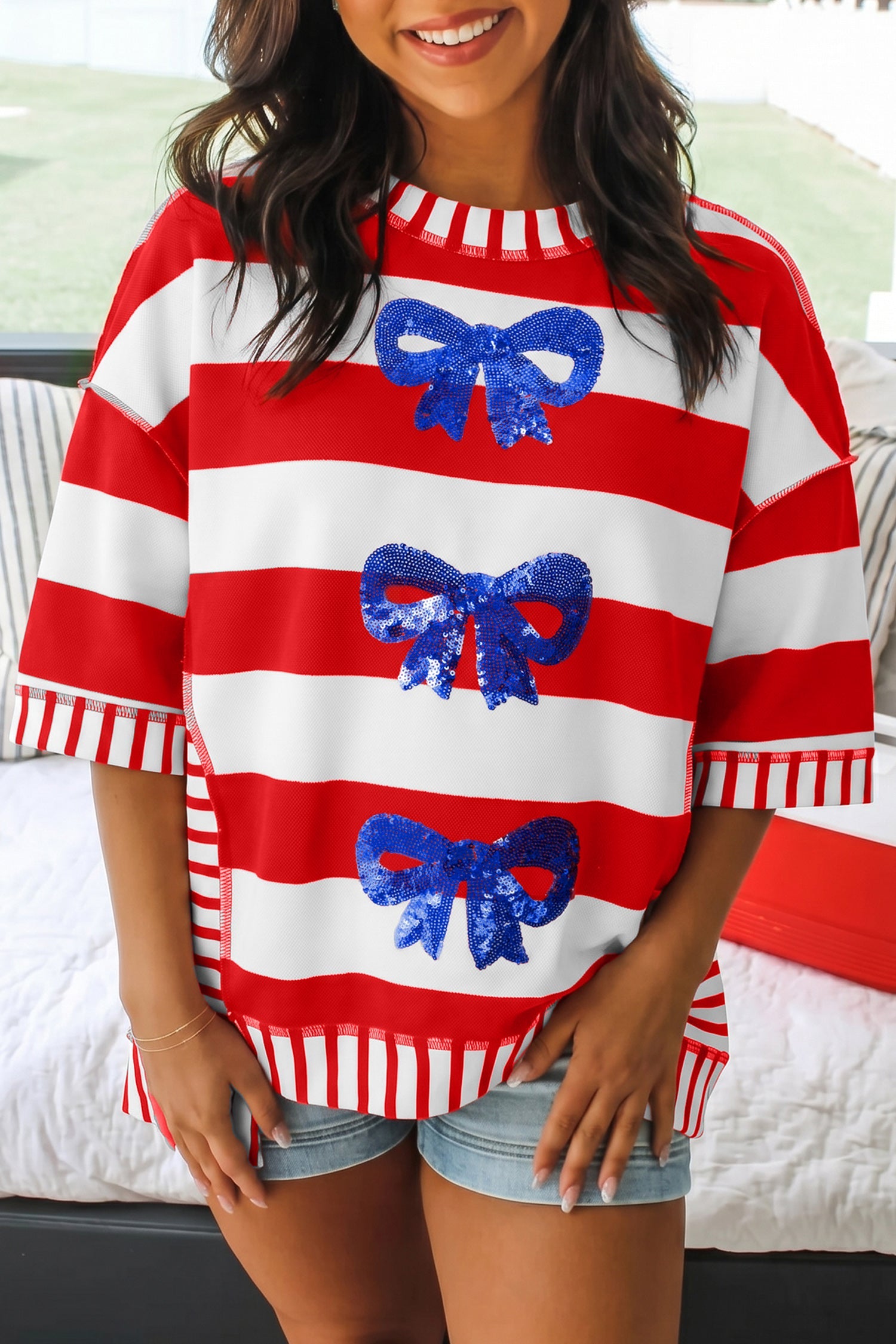Sequin Bow Patriotic Half Tee