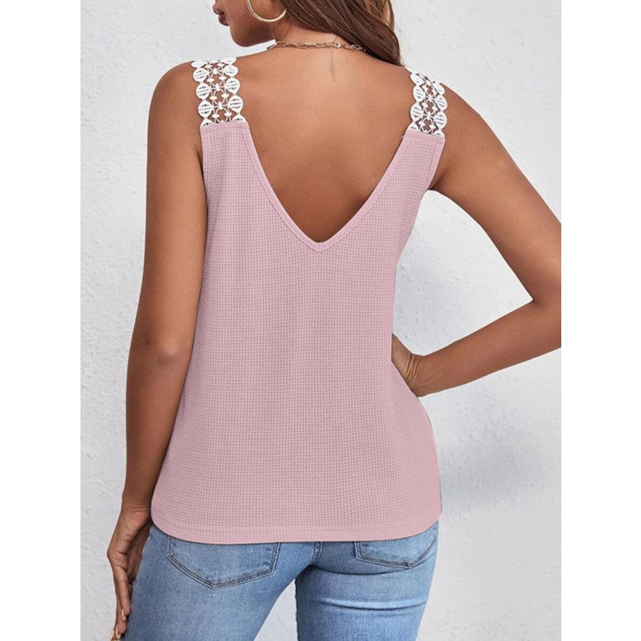 Lace Detail Waffle Knit V Neck Tank