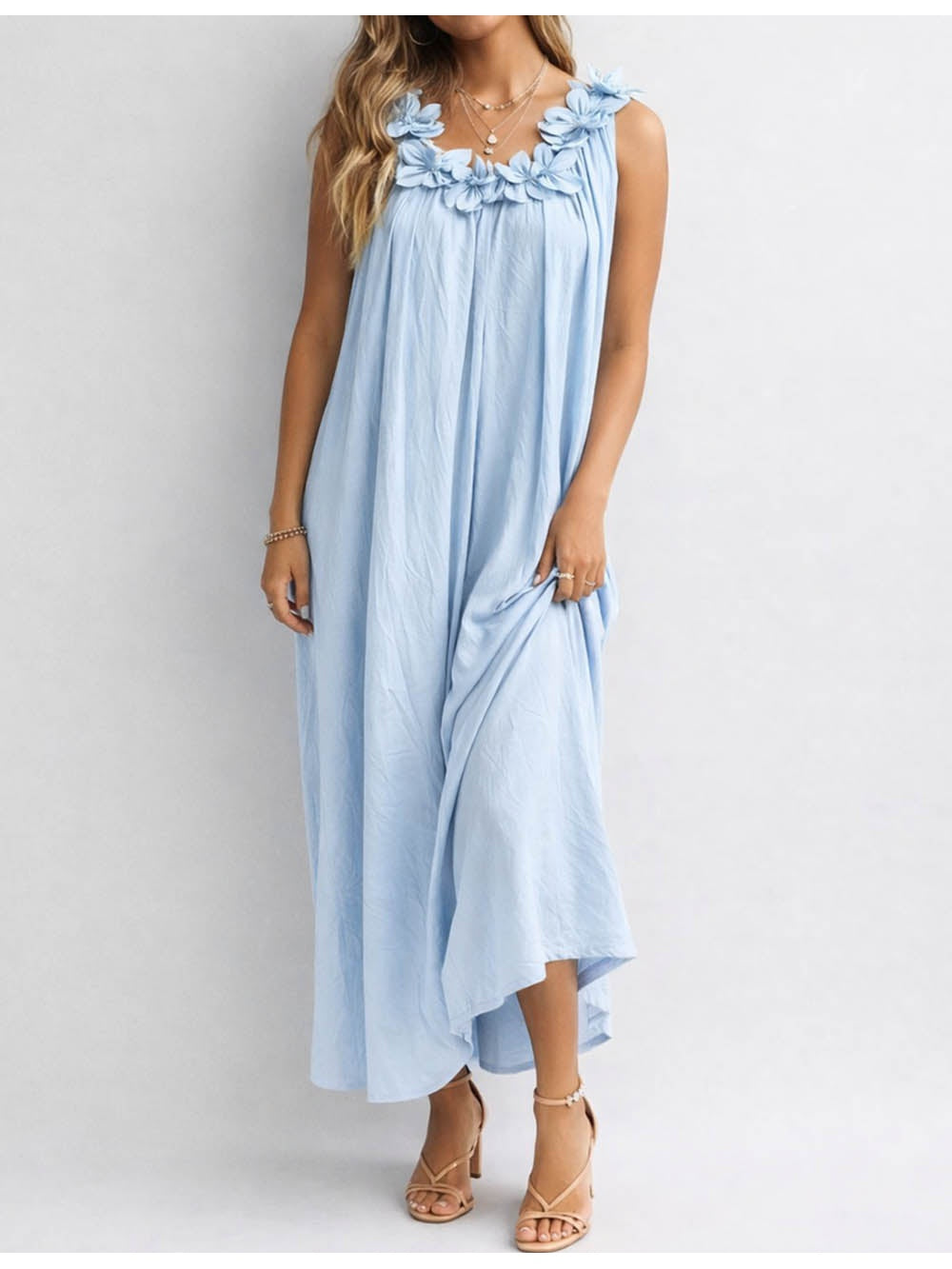 D Beaded Round Neck Sleeveless Maxi Dress