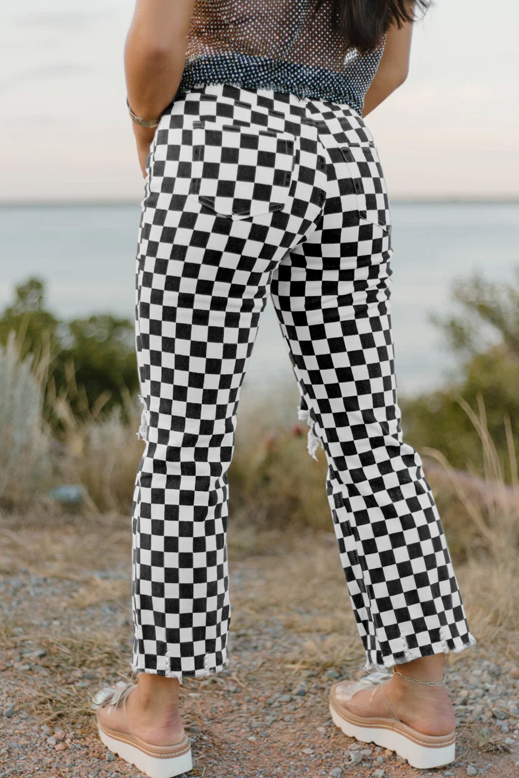 Print Cropped Distressed Checkerboard Holes Raw Jeans