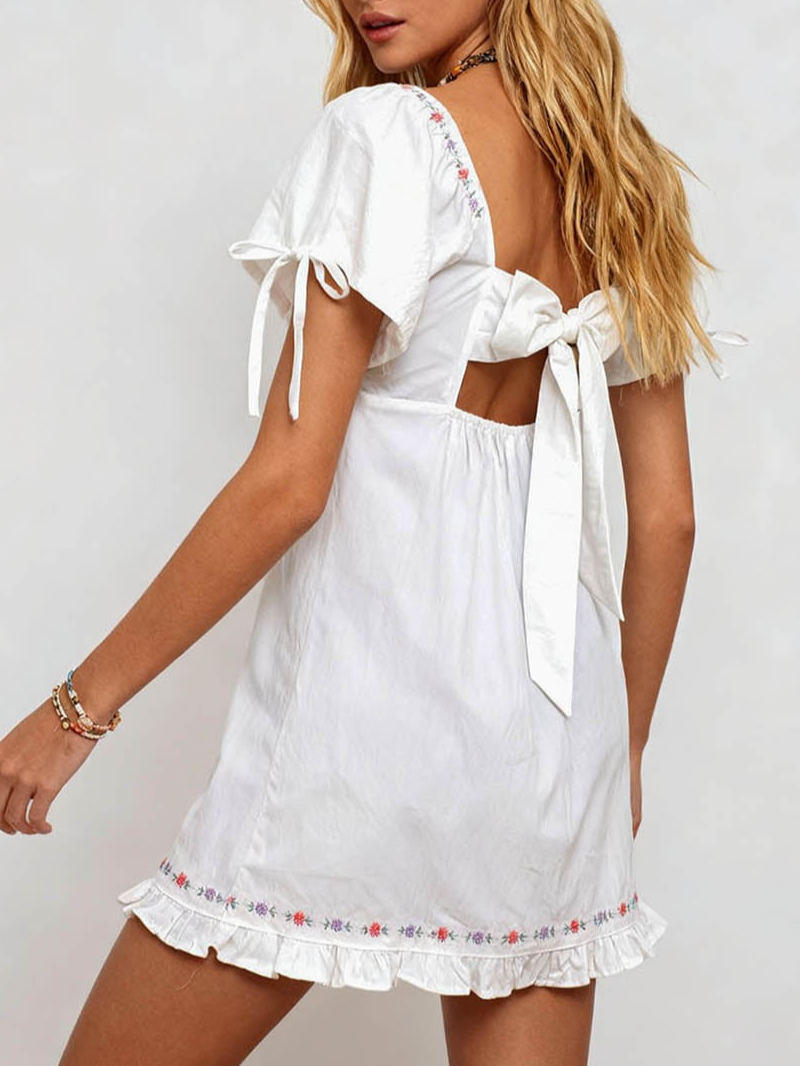 Embroidery Square Neck Bow Mini Dress