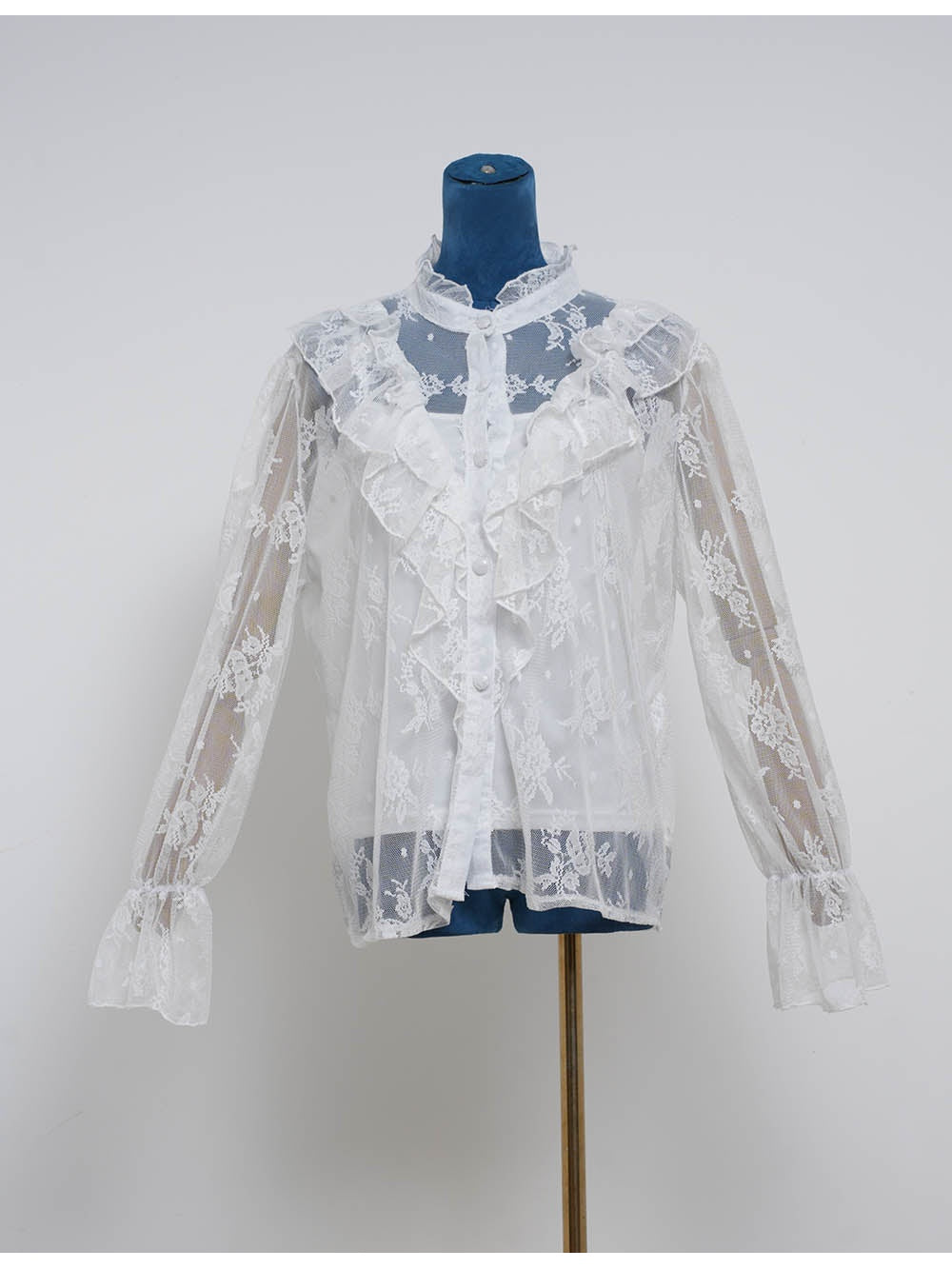 Boho Sheer Lace Ruffle Trim Button Front Blouse