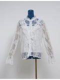 Boho Sheer Lace Ruffle Trim Button Front Blouse