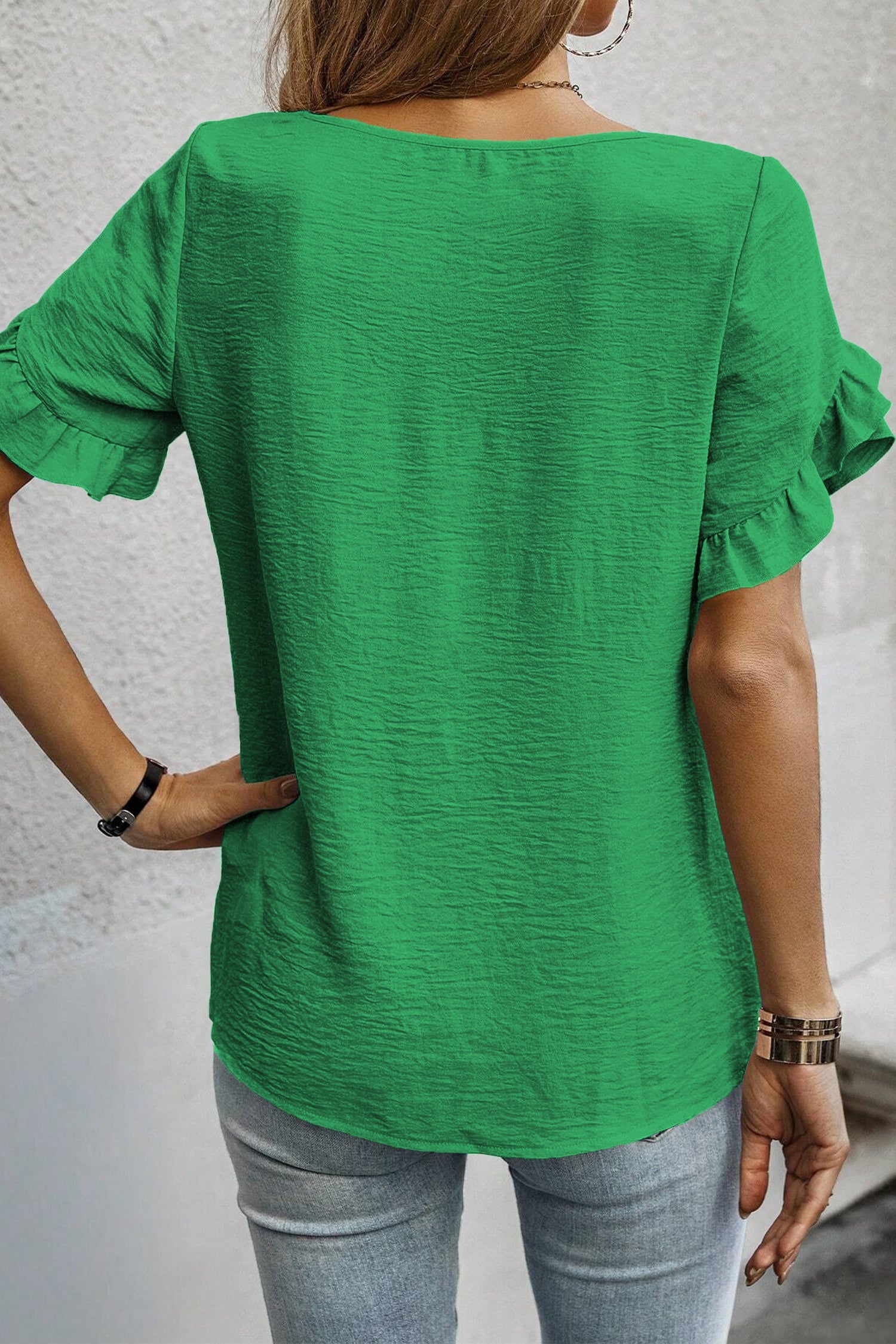 Sea Green Solid Color Ruffle Trim Short Sleeve Blouse