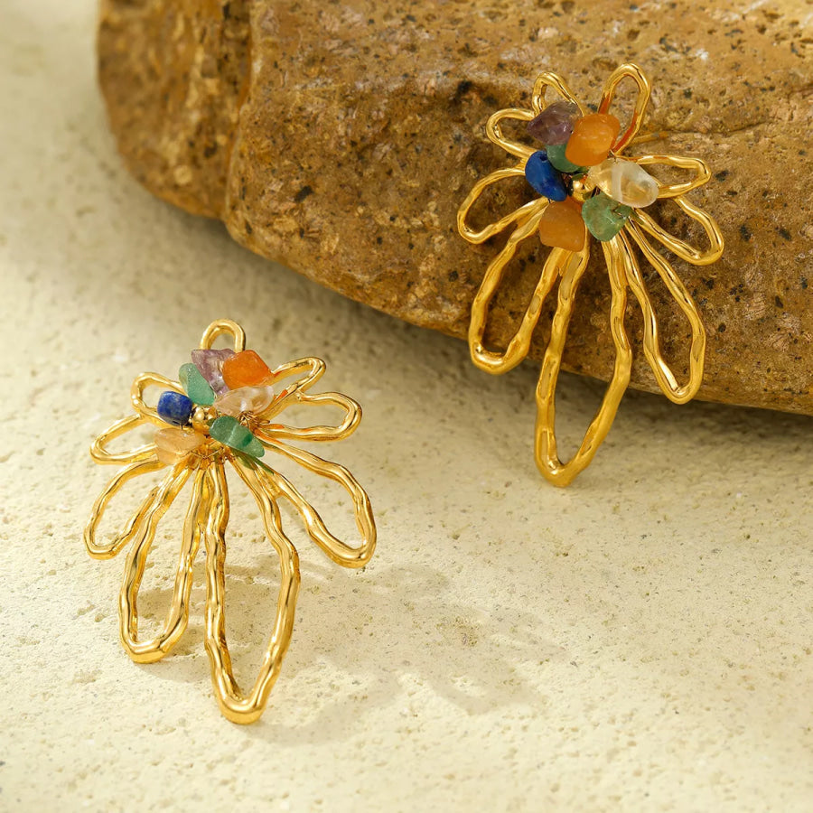 K Gold Plated Natural Stone Flower Earrings