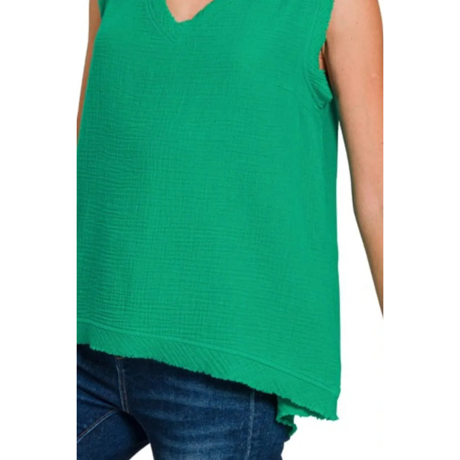 Relaxed Double Gauze Raw Edge V Neck Tank