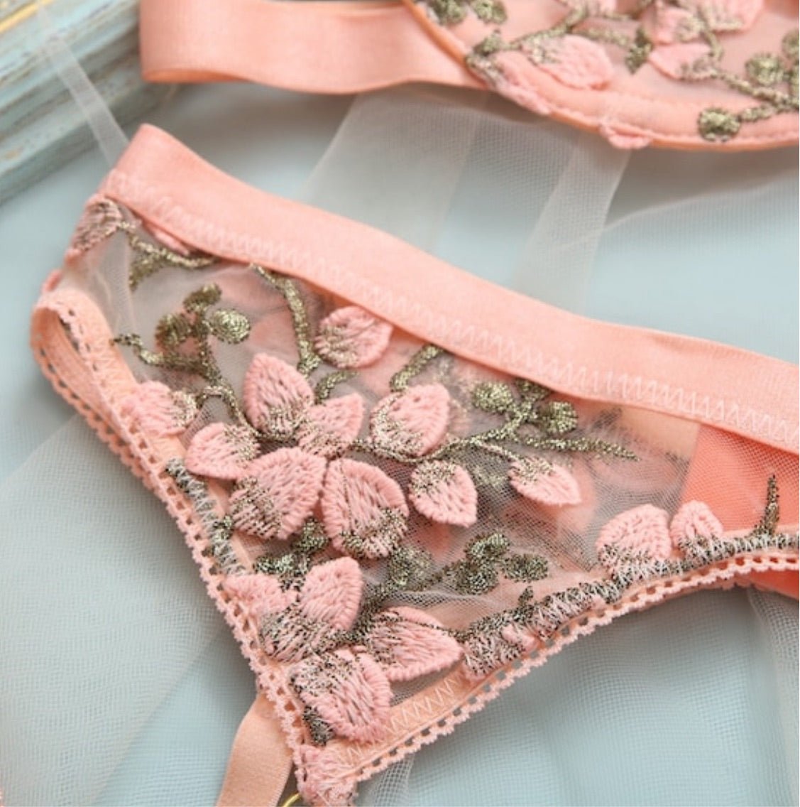 Delicate Embroidered Garter Lingerie Set