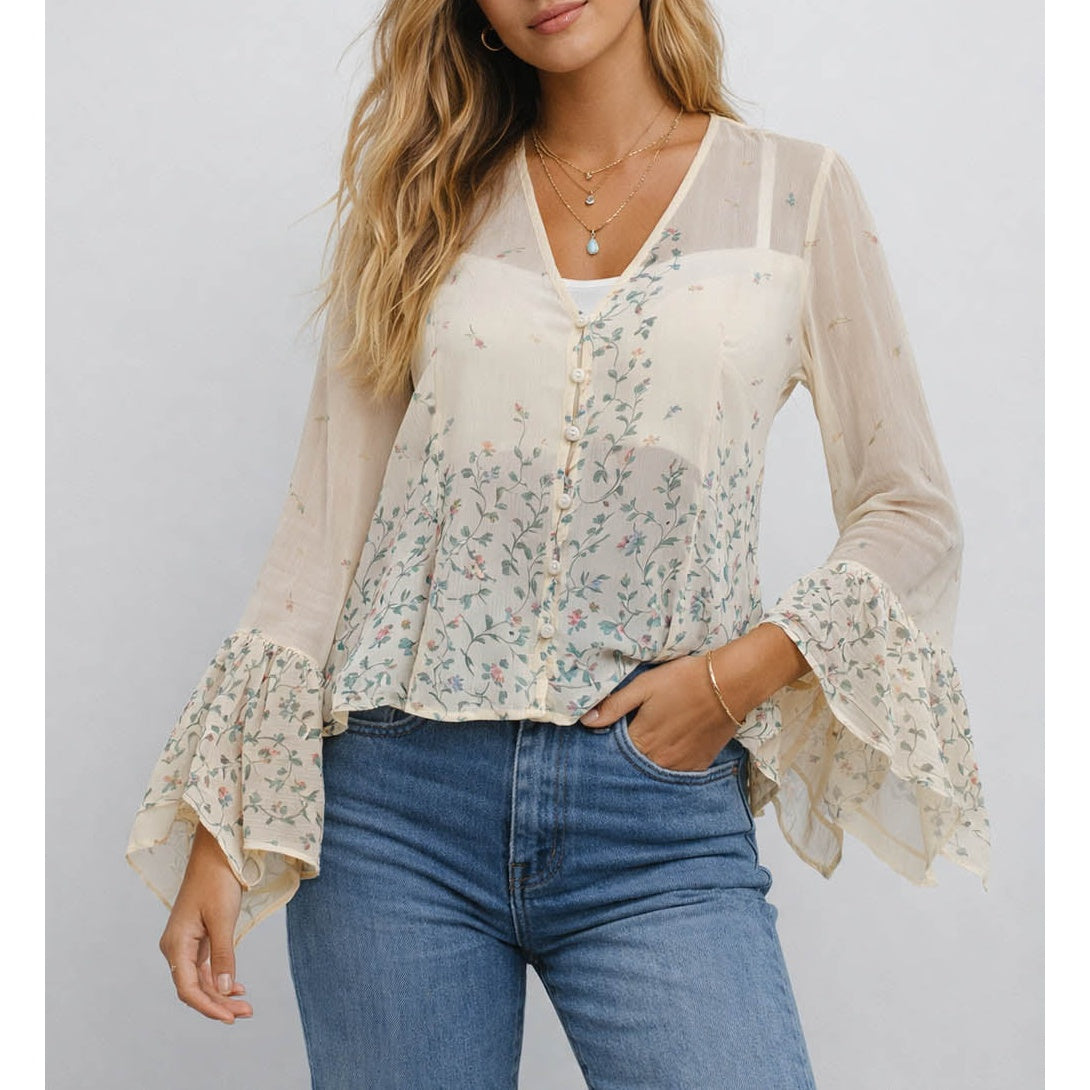 Boho Flared Sleeves V Neck Button Front Blouse