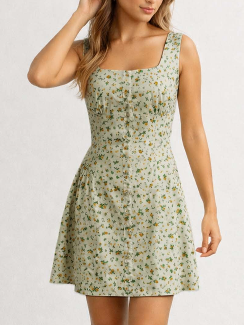Romantic Square Neck Button Wide Strap Mini Dress