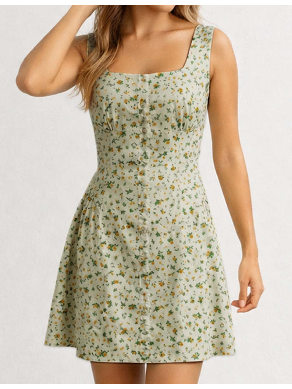 Romantic Square Neck Button Wide Strap Mini Dress