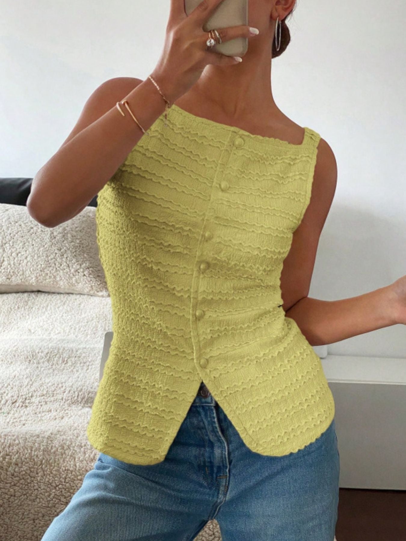 Textured Button Front Tank