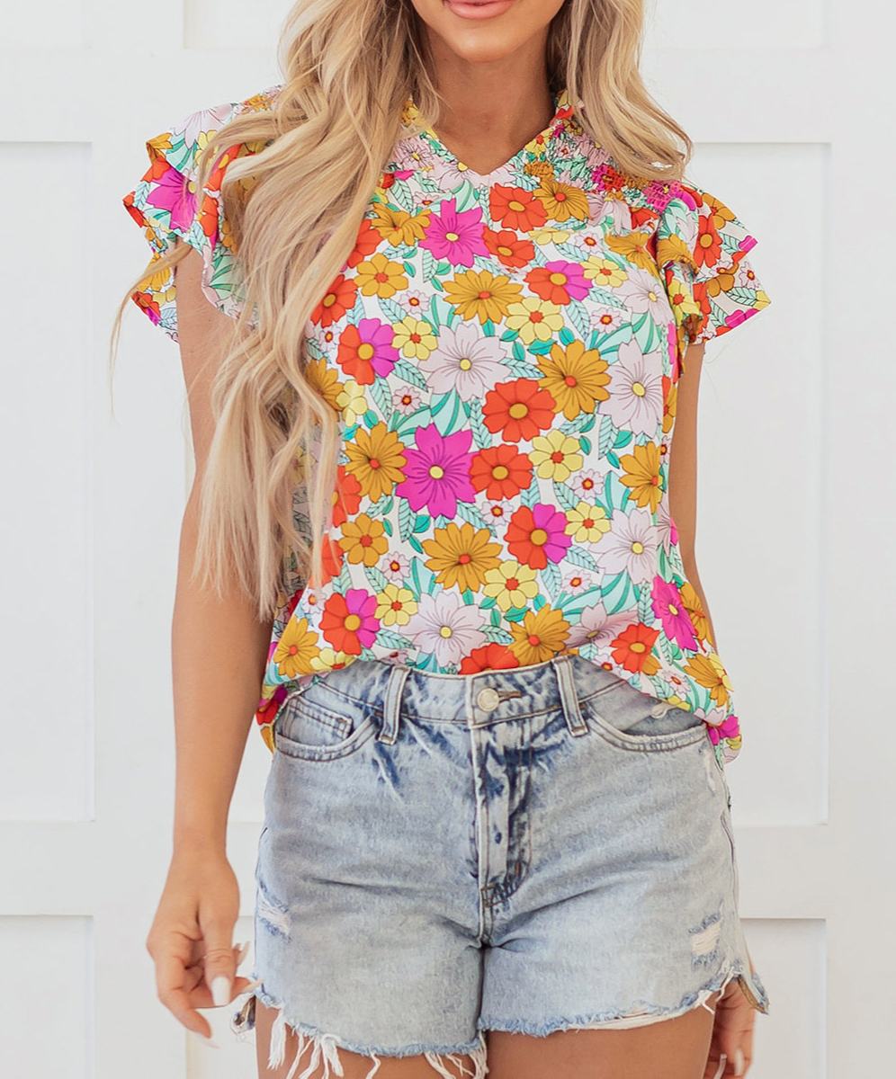 Yellow Floral Print Shirred Tiered Ruffled Sleeve Blouse