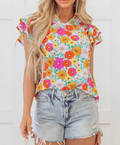 Yellow Floral Print Shirred Tiered Ruffled Sleeve Blouse