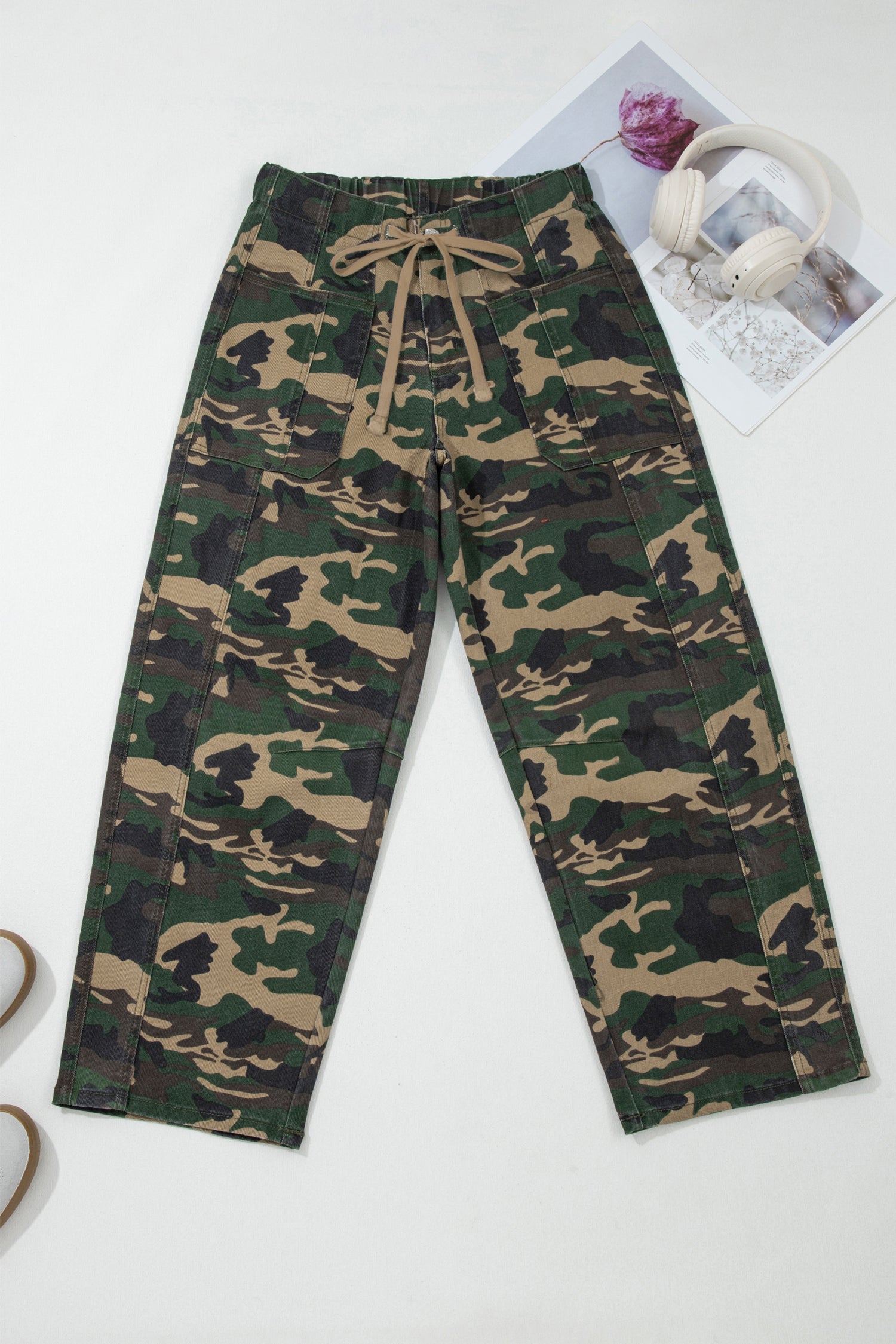 Barrel Drawstring Patch Pocket Print Camouflage Jeans