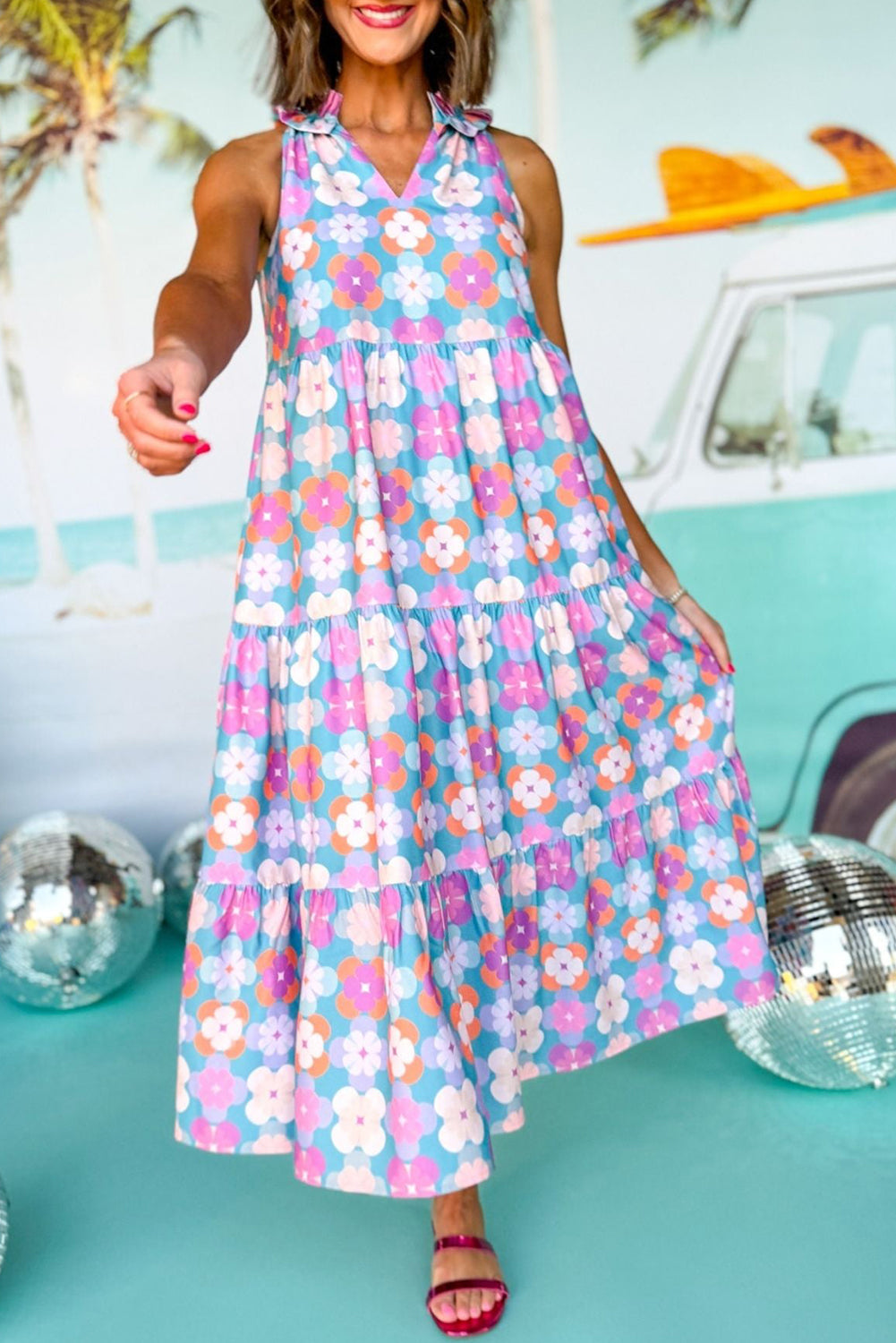 Sky Floral Print Frilly Neck Sleeveless Tiered Maxi Dress