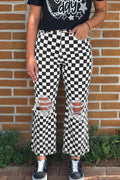 Print Cropped Distressed Checkerboard Holes Raw Jeans