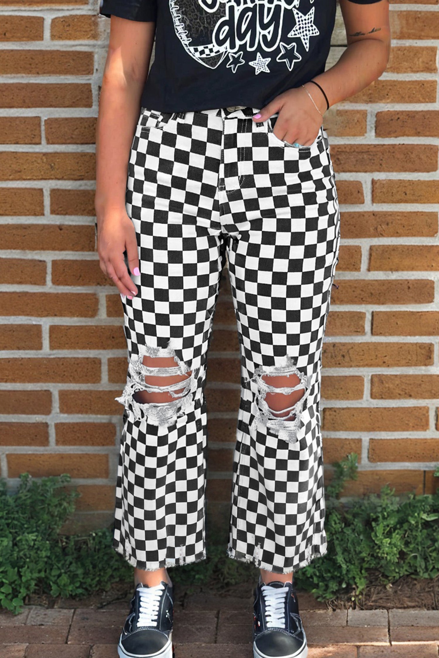 Print Cropped Distressed Checkerboard Holes Raw Jeans