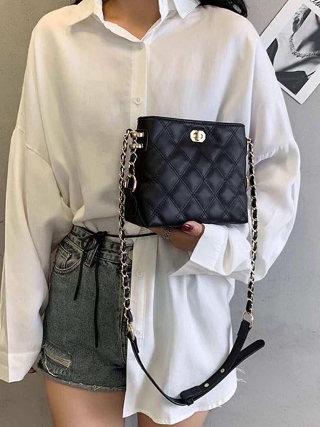 Quilted Bucket Crossbody Bag with Chain Strap
