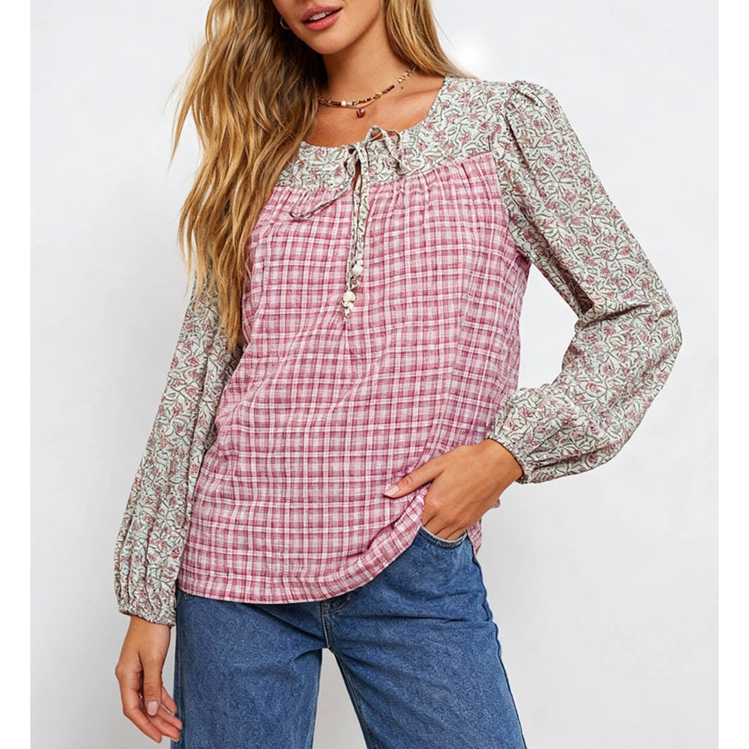 Boho Checked Front Long Sleeves Blouse