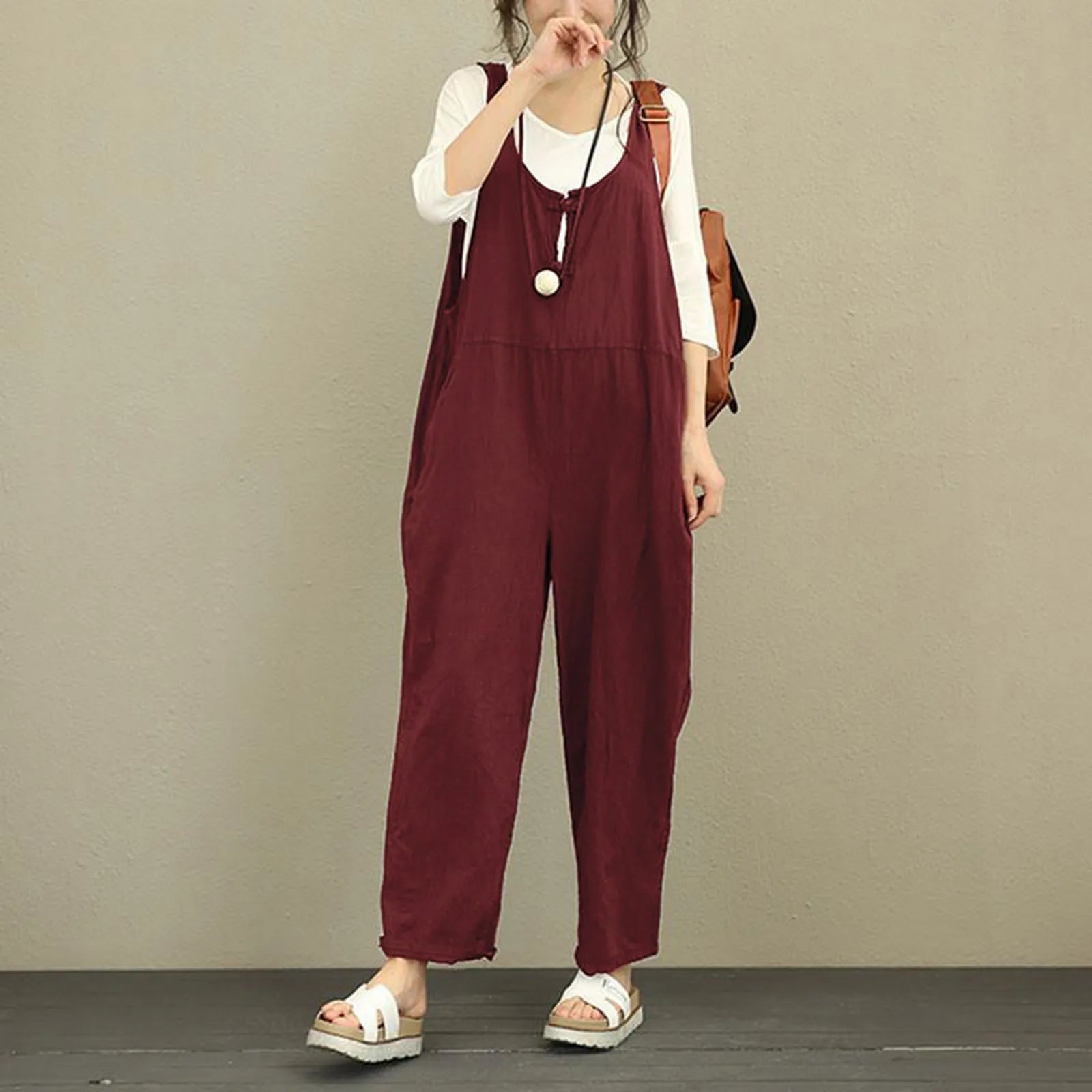 Boho Comfort Wide-Leg Suspender Cotton Jumpsuit