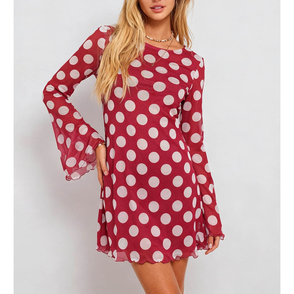 Polka Dot Open Back Flared Sleeves Mesh Mini Dress