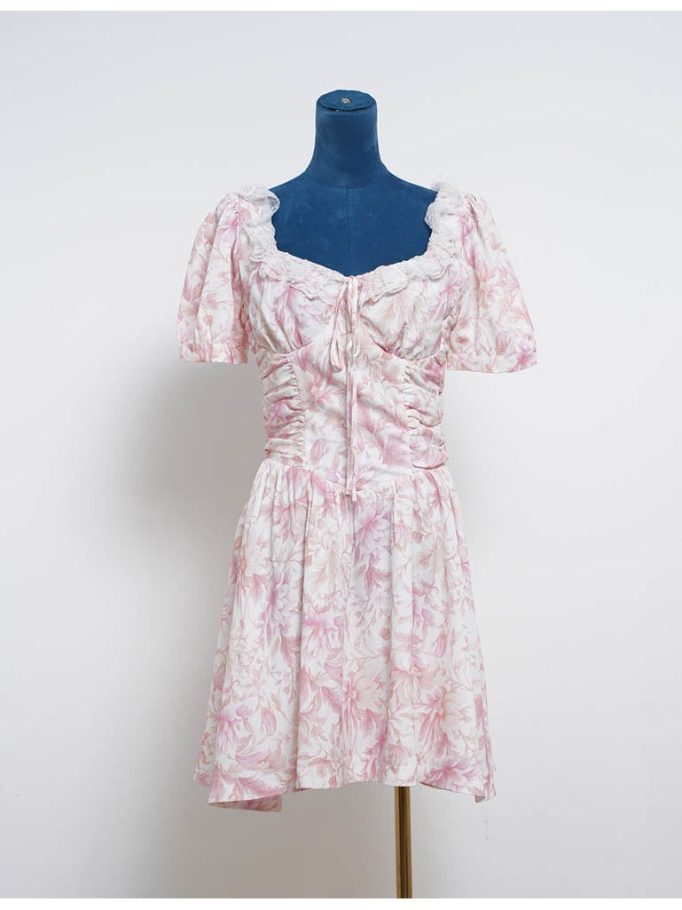 Romantic Lace Trim Puff Sleeves Mini Dress