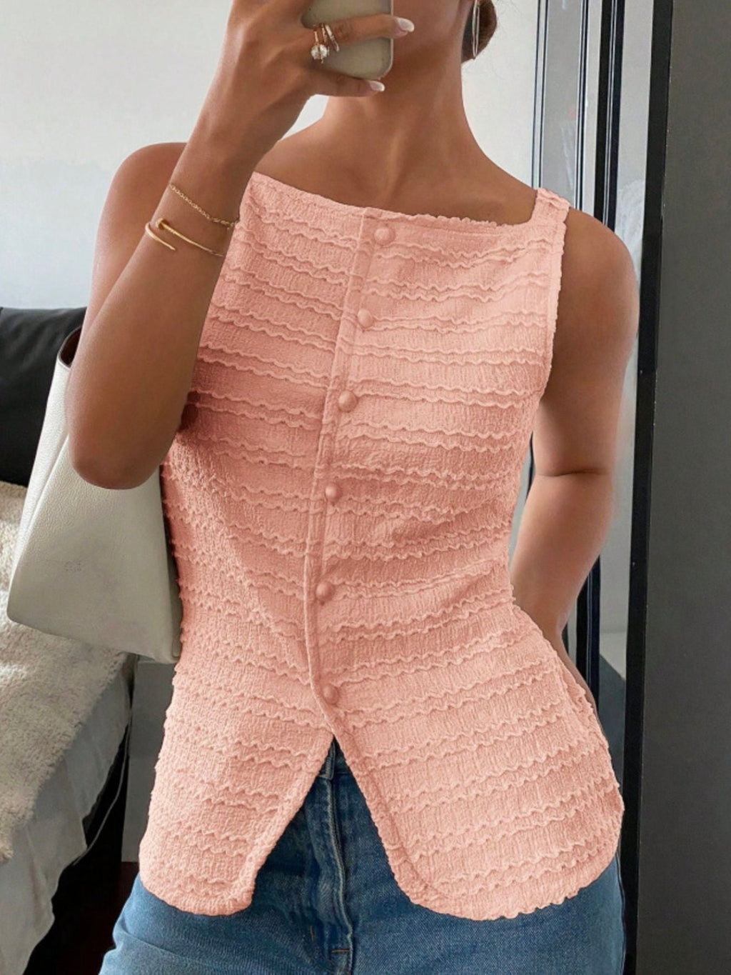 Textured Button Front Tank