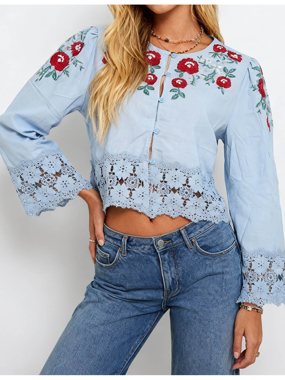 Boho Embroidery Lace Hem Blouse