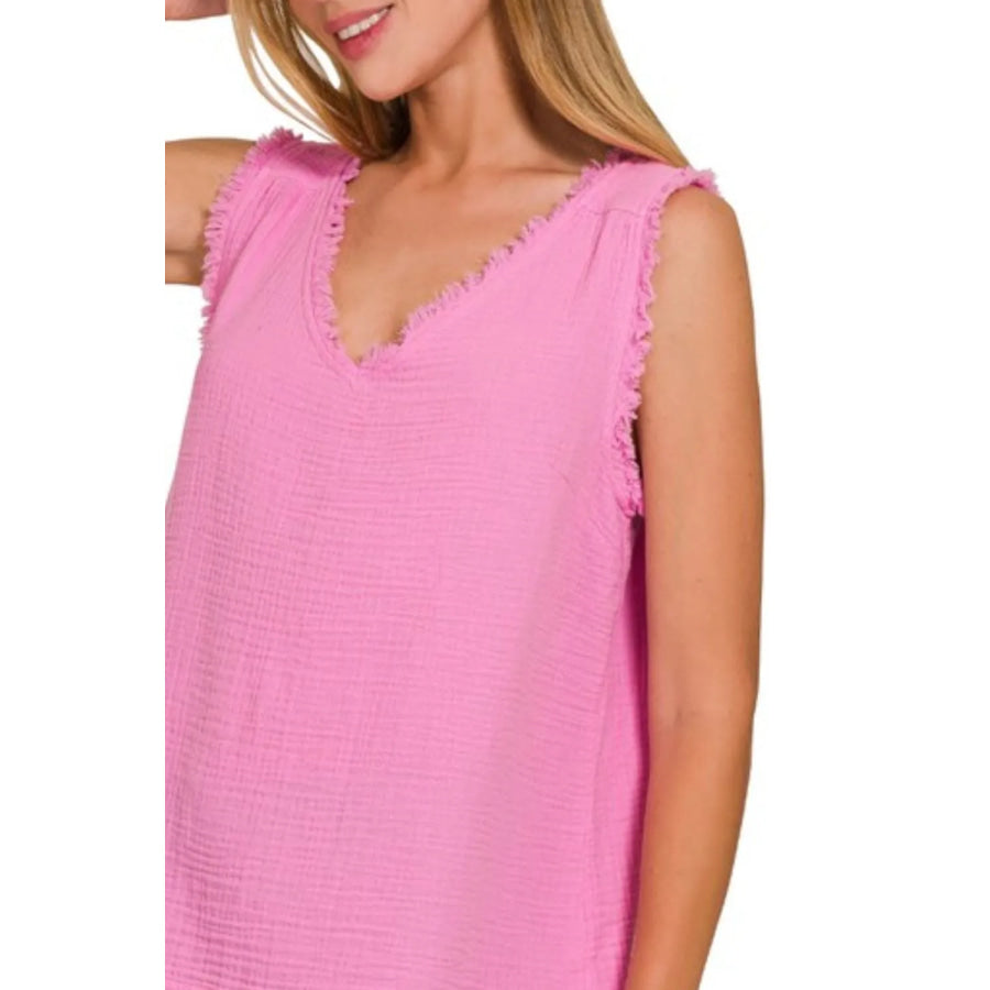 Soft Double Gauze Raw Edge V Neck Tank