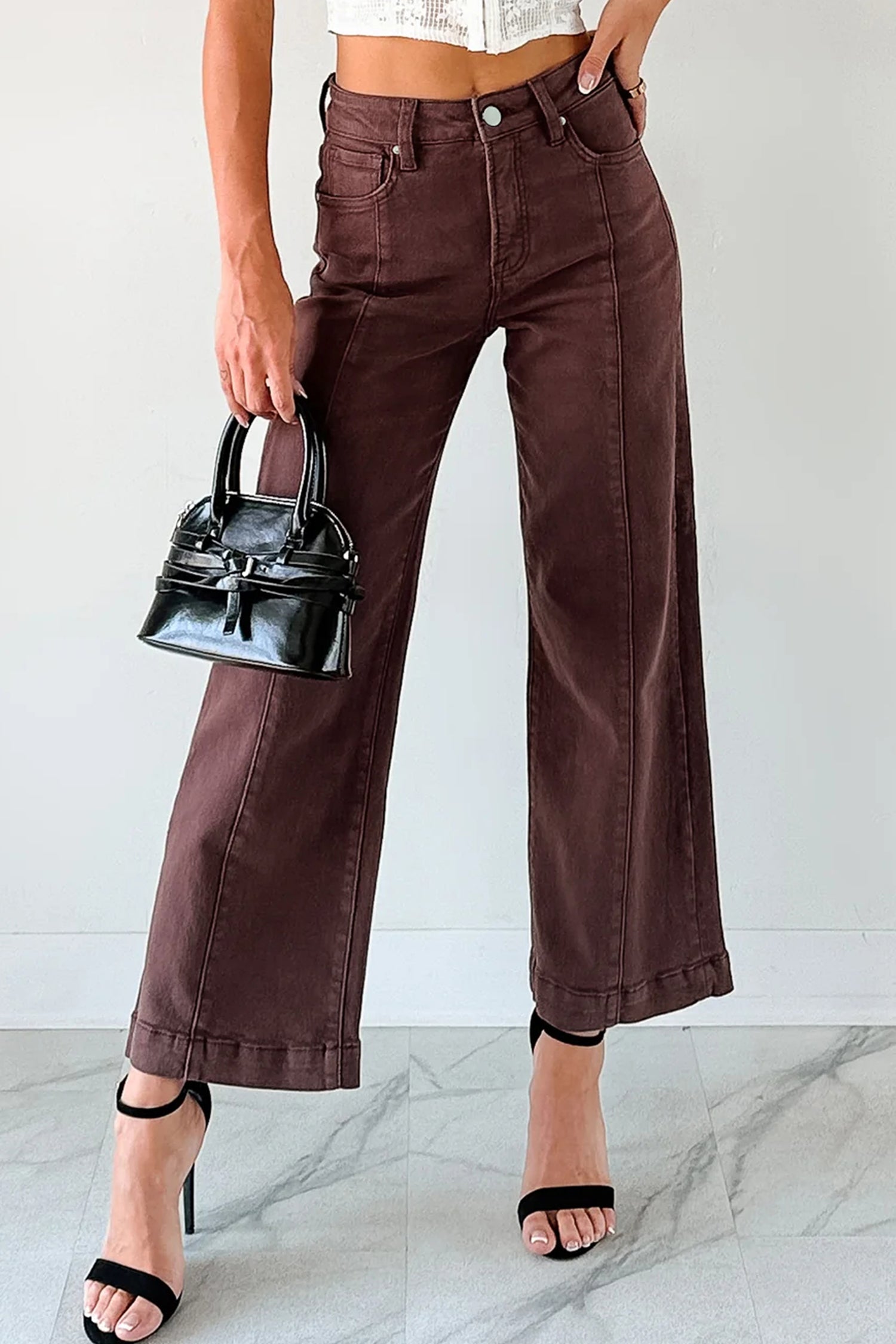 Wide Leg Cropped Sandalwood Solid Seamed Jeans