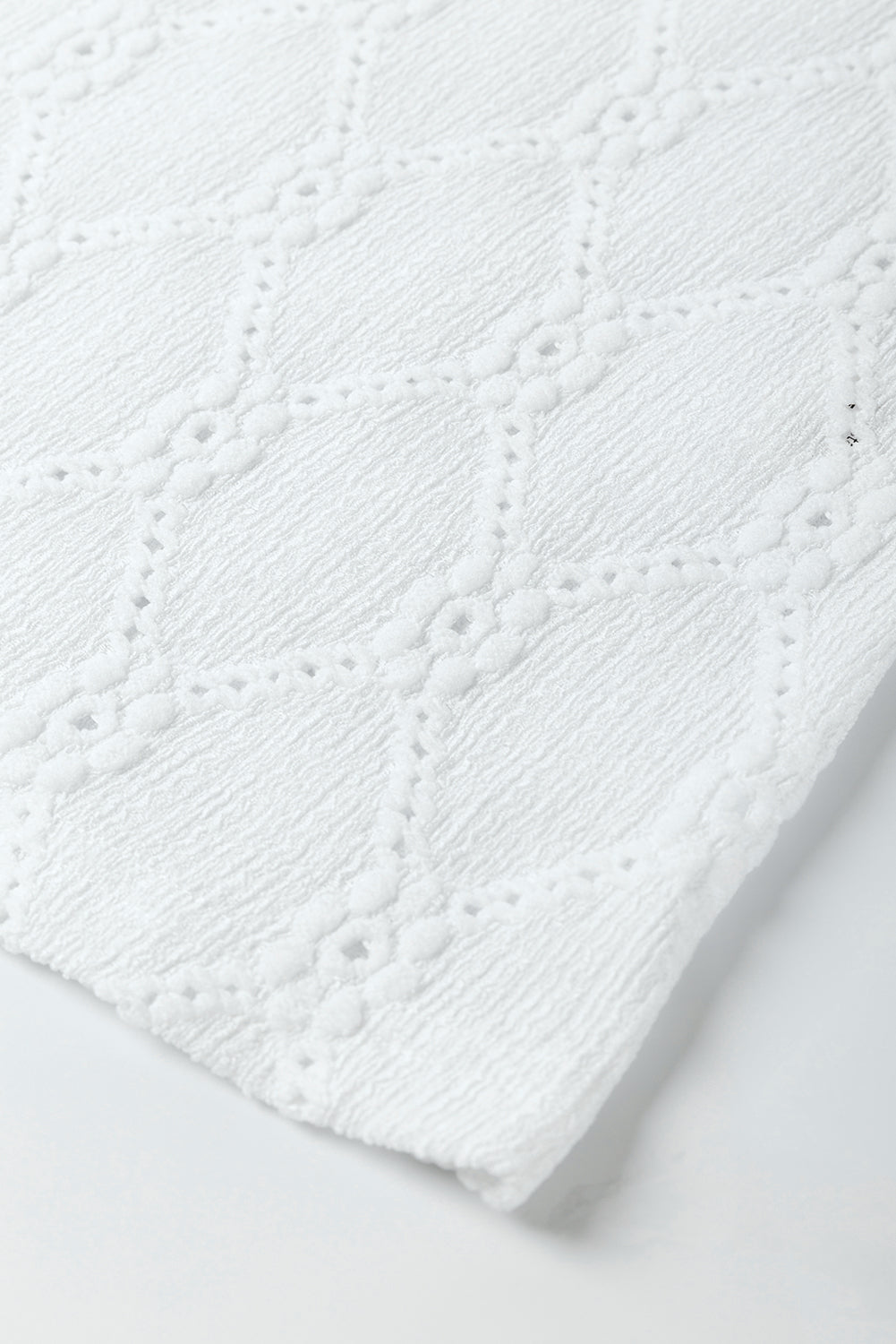 White Flower Geometric Textured Button Short Sleeve Top