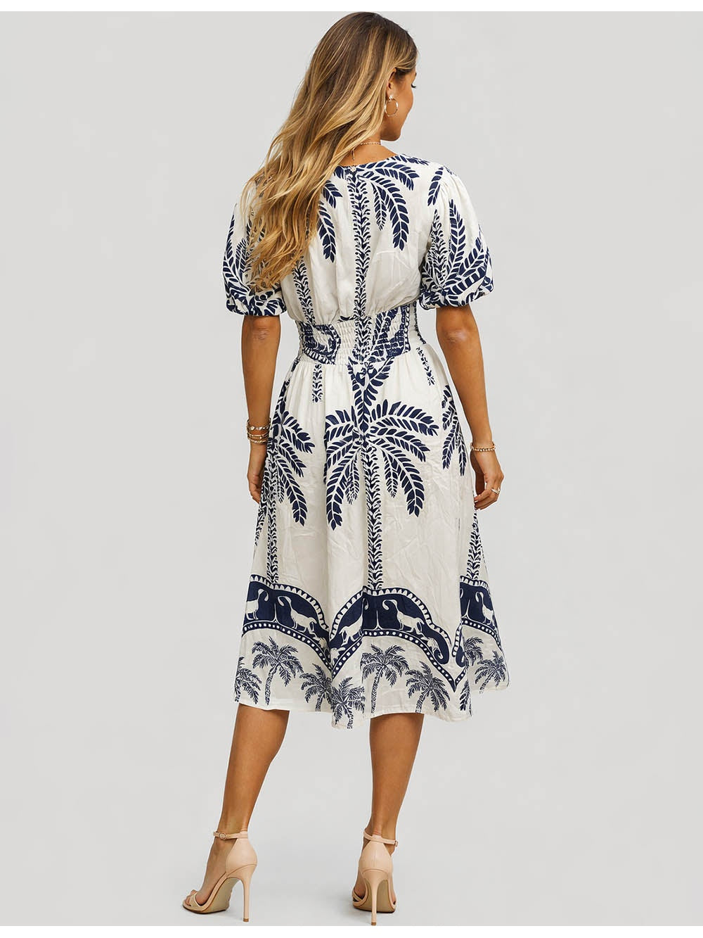 Palm Tree Smocke Waist V Neck Drawstring Midi Dress