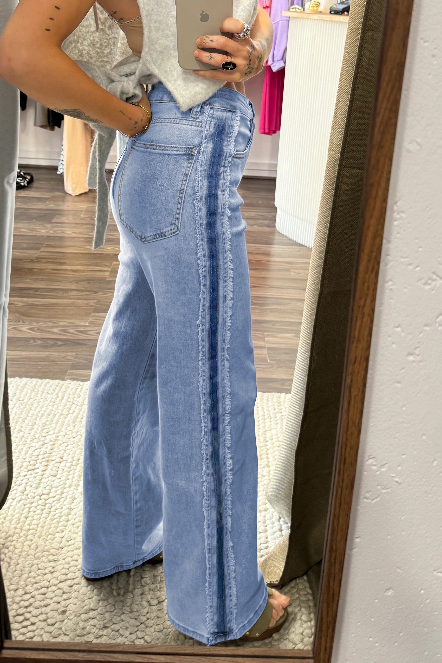 Frayed Contrast Stripe Side Panel Patchwork Jeans
