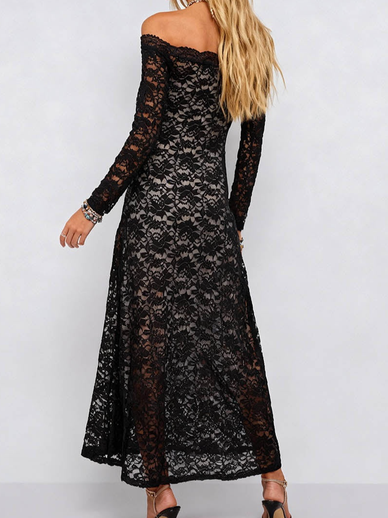 Scalloped Trim Off Shoulder Lace Bodycon Maxi Dress