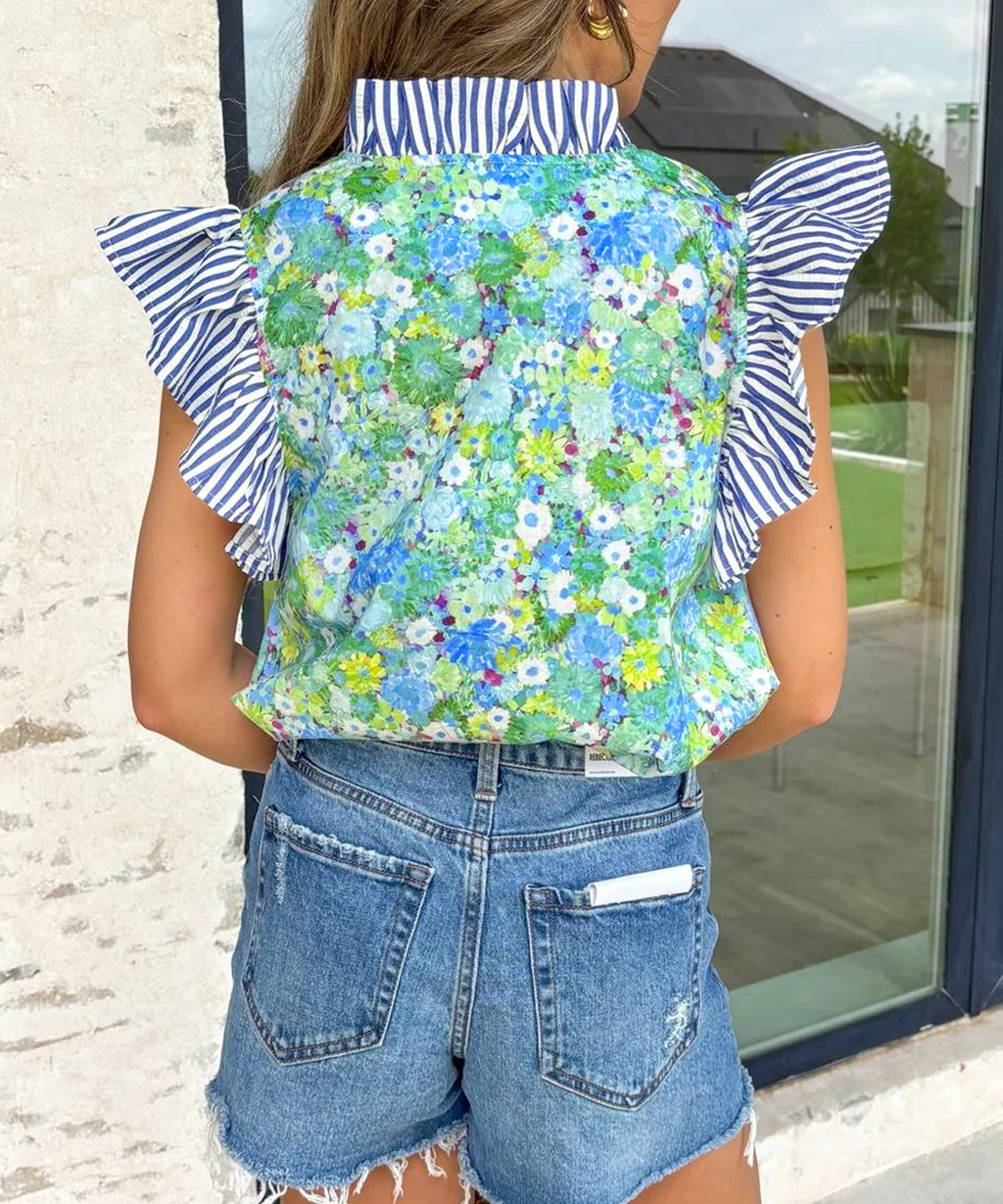 Green Floral Painting Print Striped Patchwork Flutter Sleeve V Neck Blouse