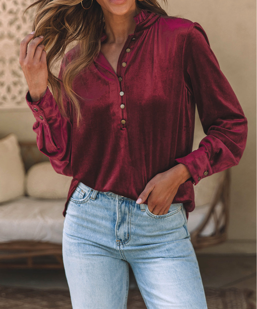 Burgundy Frilled Neck Buttoned Front Velvet Top