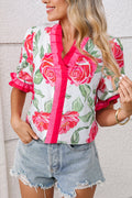 Rose Floral Frilled V Neck Short Sleeve Blouse Top
